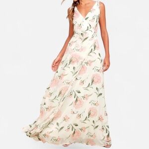 Lulu's Cream Maxi Dress with Pink Floral Print